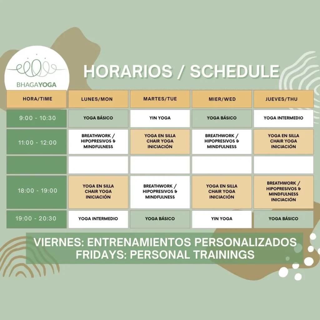 Nuestro nuevo horario del studio de Bhaga Yoga Septiembre 2025