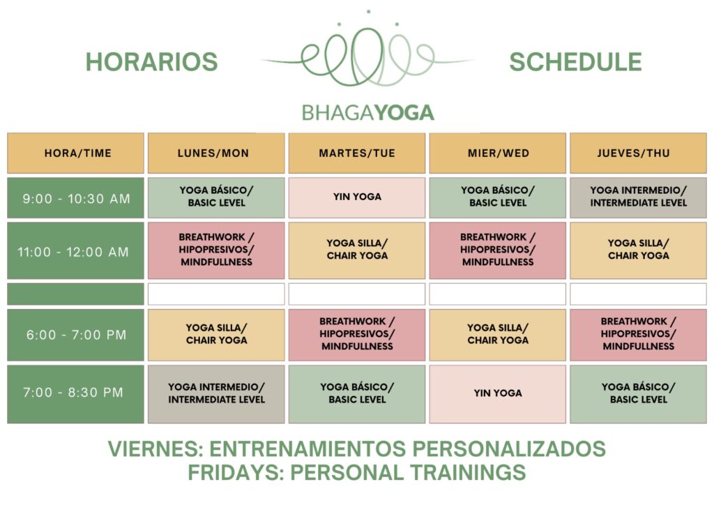 Horario del studio de Bhaga Yoga Octubre 2025